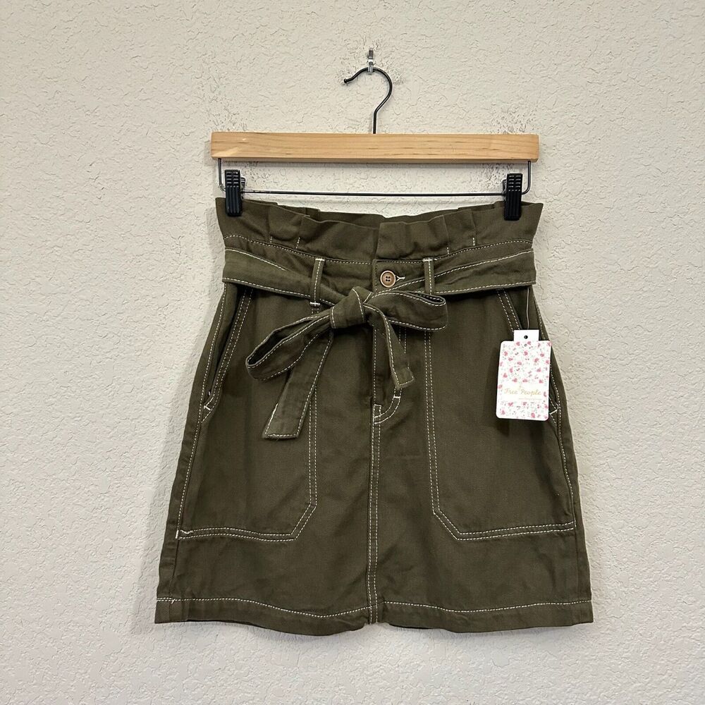 NWT FREE PEOPLE Splendor In The Grass Skirt Paperbag Waistline Army Green